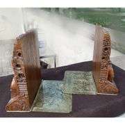 Pair of Antique Chinese Carved Wood and Brass Bookends