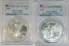 2 diff. Perfect PCGS MS70 graded First Strike Silver Eagles, 2020 & 2021