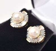 Sparkling 14K Yellow Gold Pearl and Diamond Stud Earrings