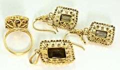 Stunning High-Karat and Smokey Quartz Suite of Ring, Earrings, and Pendant