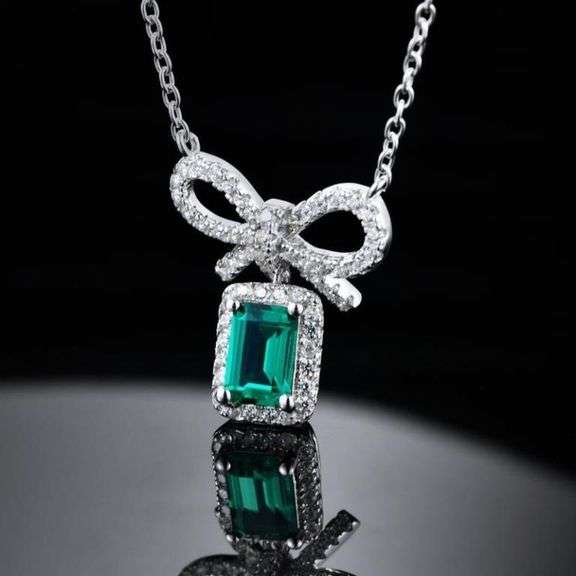 14 K White Gold Plate VVS1 Lab Created Emerald Pendant