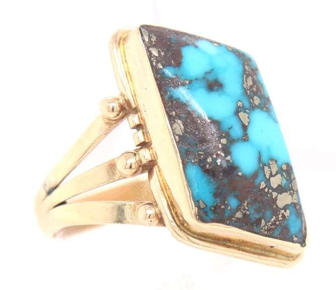 14kt Yellow gold Morenci Turquoise offset rectangular ring