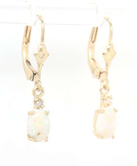 14kt Yellow gold oval opal and diamond dangle earrings