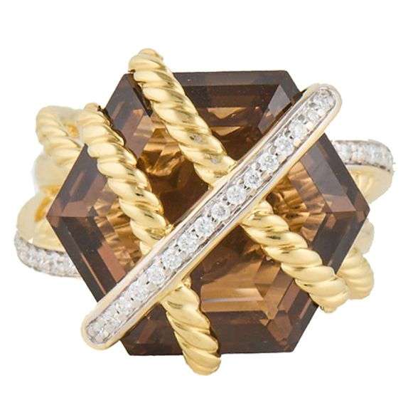 David Yurman Smokey Quartz and 0.32ctw Diamond Cable Wrap Ring in 18K