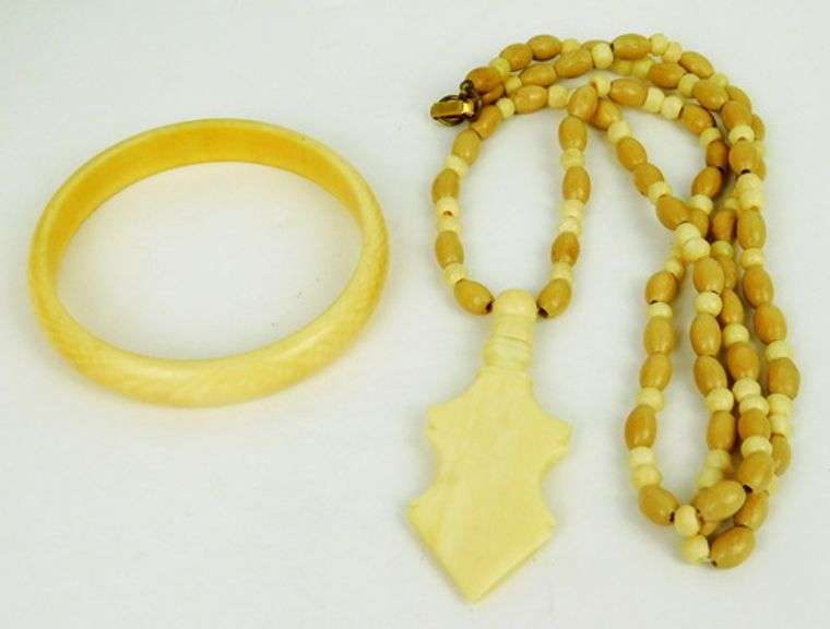 Vintage Bone Bangle and Perfume Bottle Necklace