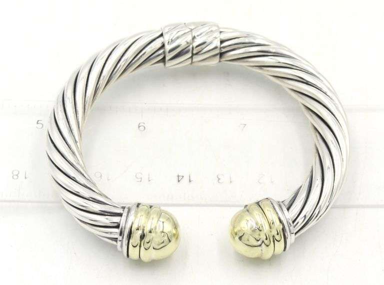 David Yurman two tone classic cable cuff bangle in sterling silver and yellow gold