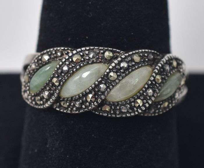 Jade and Marcasite Gemstone Ring in Sterling Silver