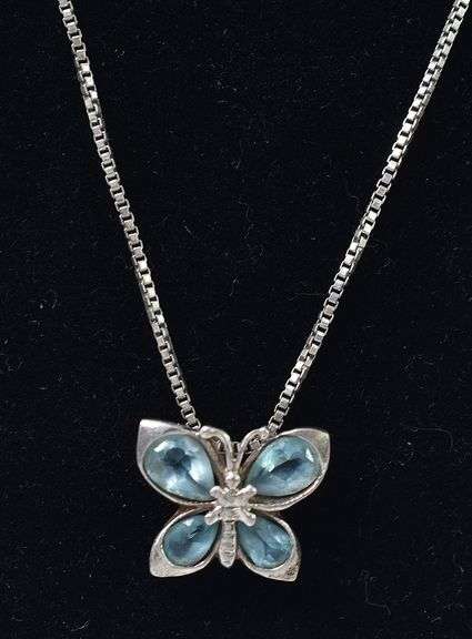 Blue Topaz Gemstone Butterfly Pendant Necklace in Sterling Silver