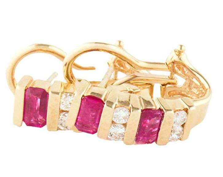 1.40ctw Emerald Cut Rubies and 0.48ctw Diamond J Hoop Earrings in 14K
