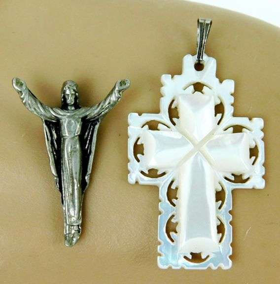 2 Sterling & Mother of Pearl Religious Pendants