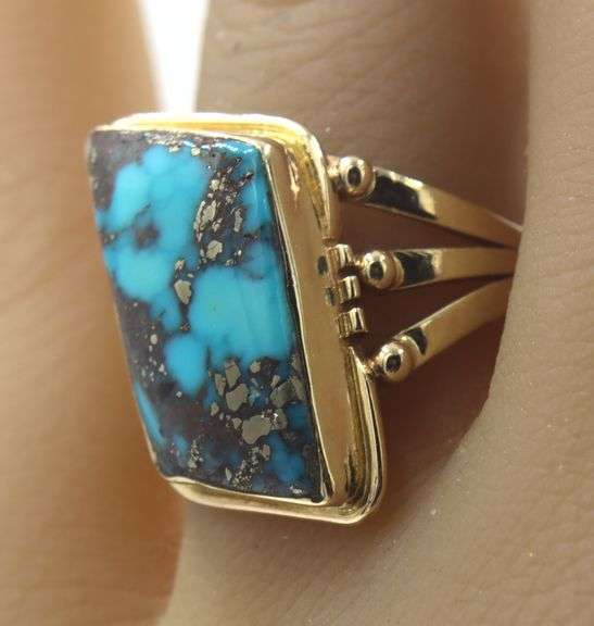 14kt Yellow gold Morenci Turquoise offset rectangular ring
