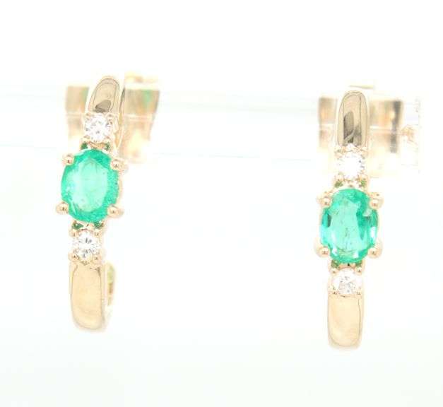 14kt Yellow gold oval emerald and diamond J hoop earrings