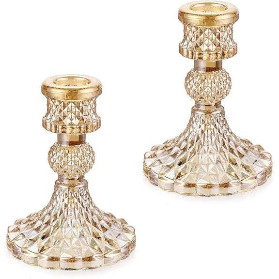 Set of 2 Golden Crystal Candle Holders