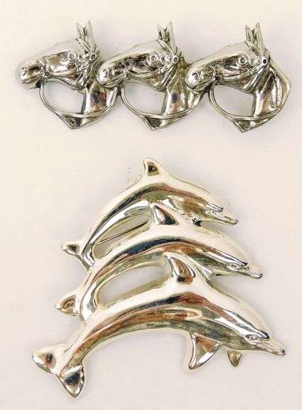 2 Sterling Silver Triple Horse and Dolphin Pins