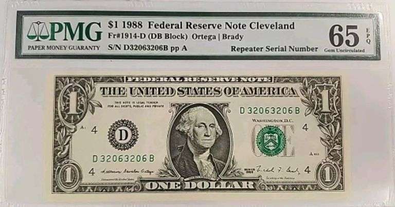 Superb Crisp 1988 $1 Note Cleveland Repeater Serial Number 32063206 PMG 65!