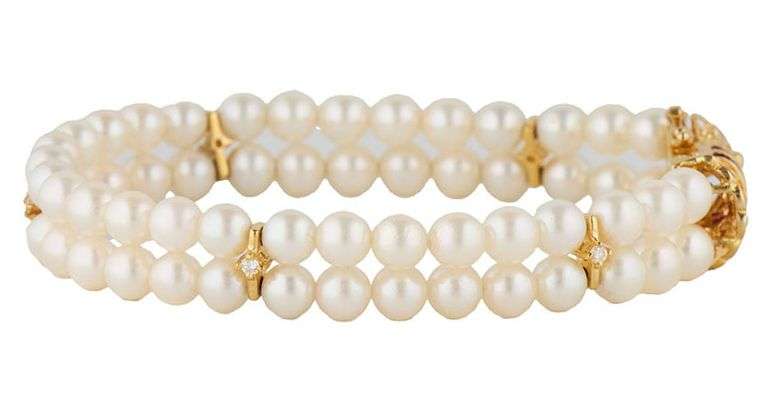 Cultured Pearl Ruby and Diamond Clasp Double Strand Bracelet in 18K