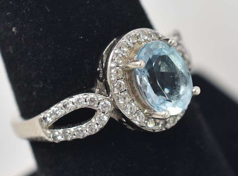 Blue Topaz and CZ Gemstone Ring in Sterling Silver