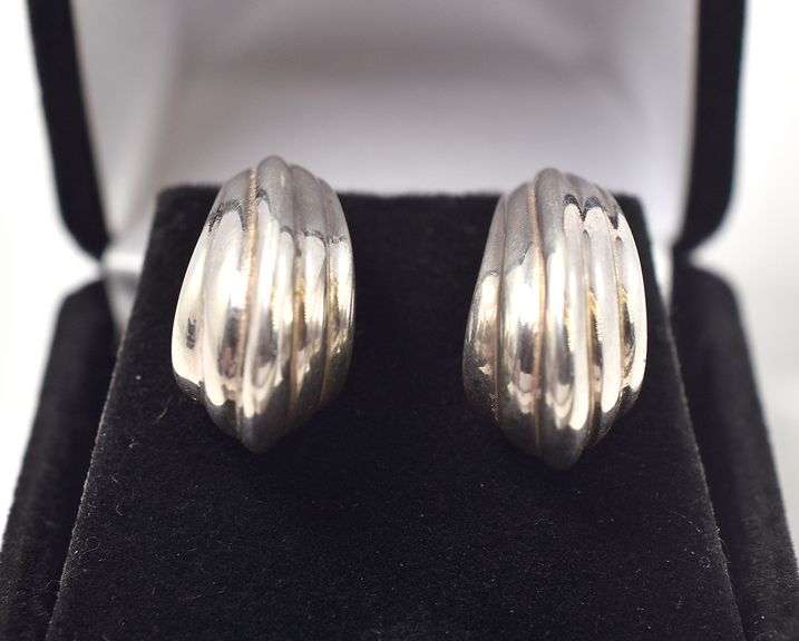 Wave Design J-Hoop Earrings in Sterling Silver