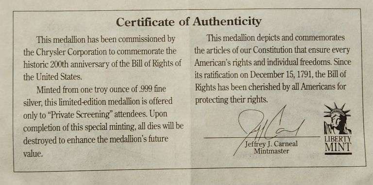 1991 Chrysler Honors The Bill Of Rights, 1 Oz. Silver. W Box