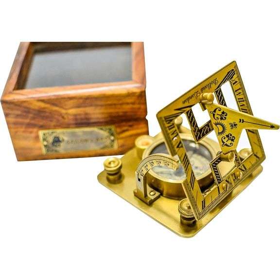 Sailor's Brass Sundial Compass with Box