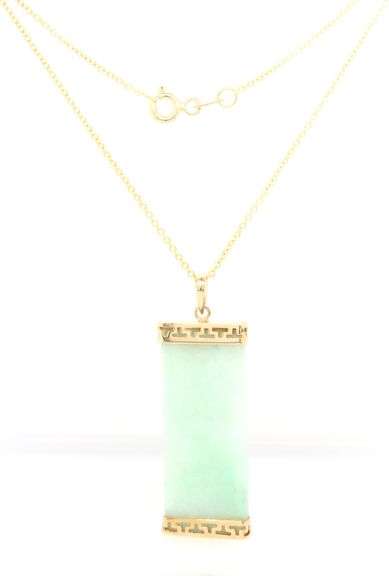 14kt Yellow gold Jade good Fortune bar pendant on chain