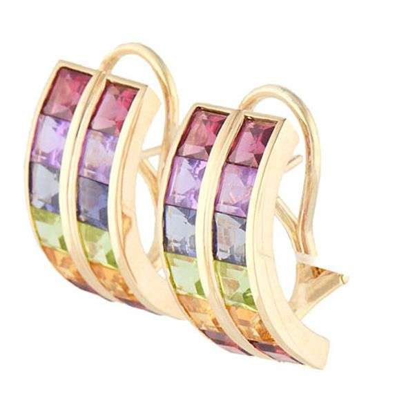 Princess Cut Multi-Color Gemstone Double Row J Hoop Earrings in 14K