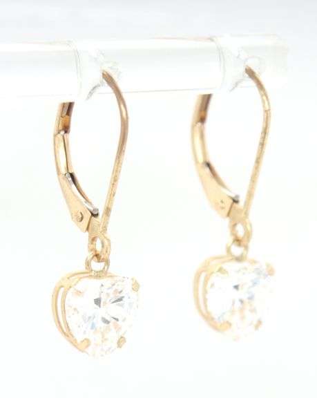 14kt Yellow gold heart shaped cubic zirconia dangle earrings