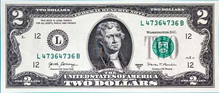 Superb Crisp 2017A $2 Note S.F. Fancy Repeater Serial Number 47364736!