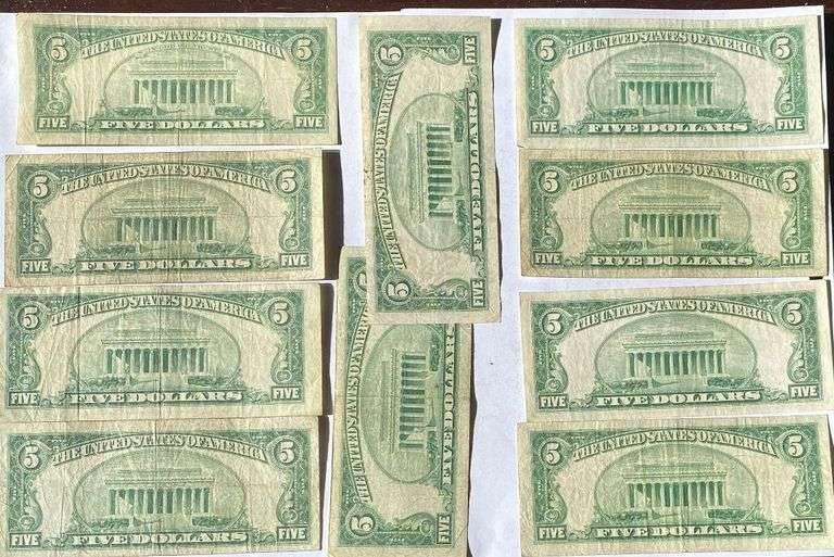 10 $5 Red Seal US Notes