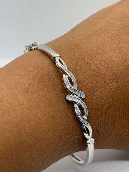10K White Gold Baguette & Round Brilliant Cut Diamond Bangle Bracelet