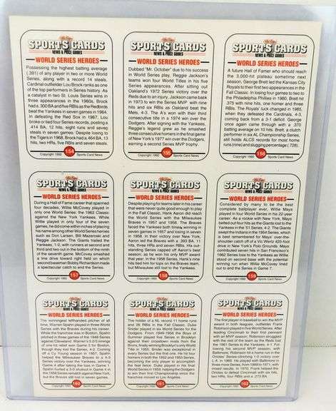 1992 Sports Card News 9 Player World Series Uncut Cards