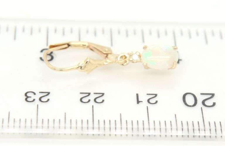 14kt Yellow gold oval opal and diamond dangle earrings