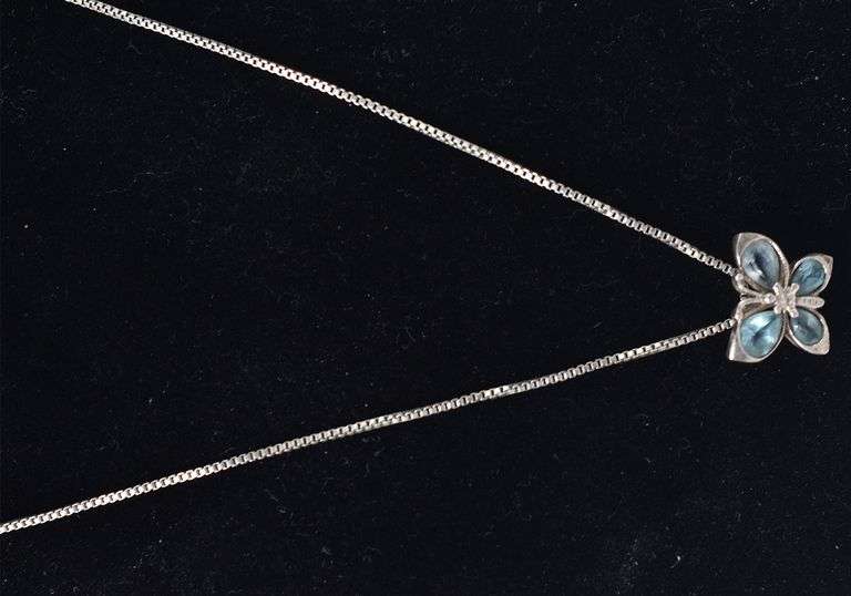 Blue Topaz Gemstone Butterfly Pendant Necklace in Sterling Silver