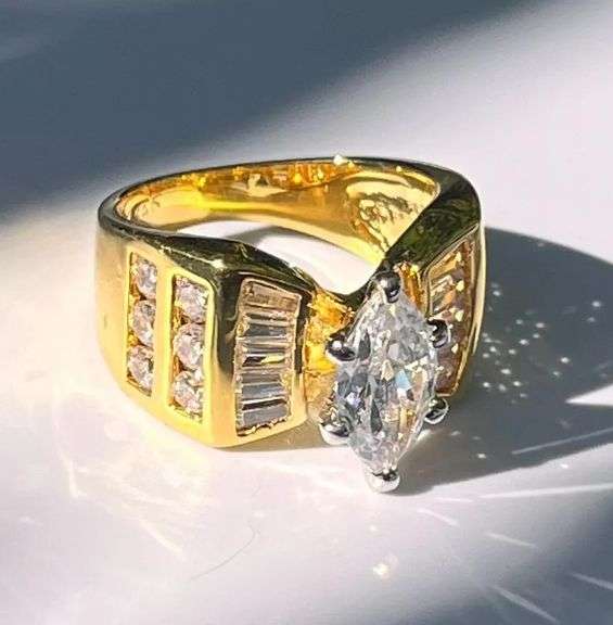 Ladies Sparkling 14 Kt Tri-Layered Yellow Gold Plated Rare 3.35 Ct Marquis Cut Lab Simulated Diamond