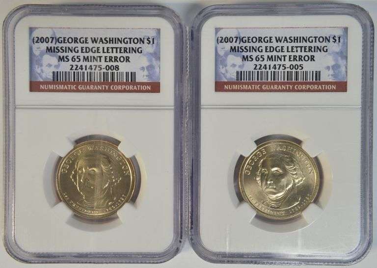 Two (2007) NGC MS65 Mint Error Missing Edge Lettering George Washington