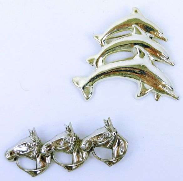 2 Sterling Silver Triple Horse and Dolphin Pins
