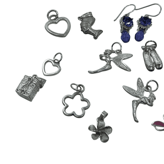 Sterling Silver Jewelry Lot: Charms, Amethyst & Pink Mother of Pearl Earrings