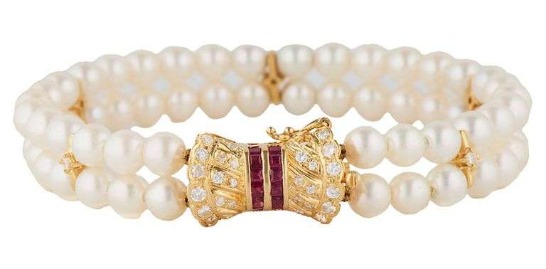 Cultured Pearl Ruby and Diamond Clasp Double Strand Bracelet in 18K