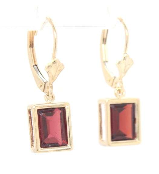 14kt Yellow gold Emerald garnet bezel set dangle earrings