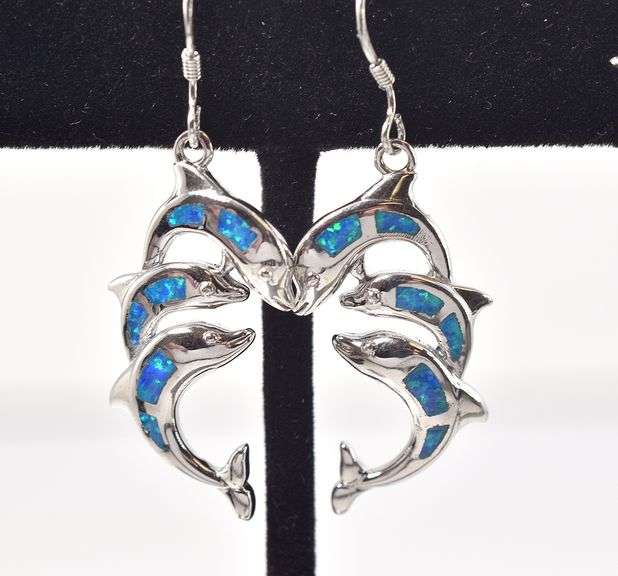 Opal Dolphin Dangle Earrings in Sterling Silver