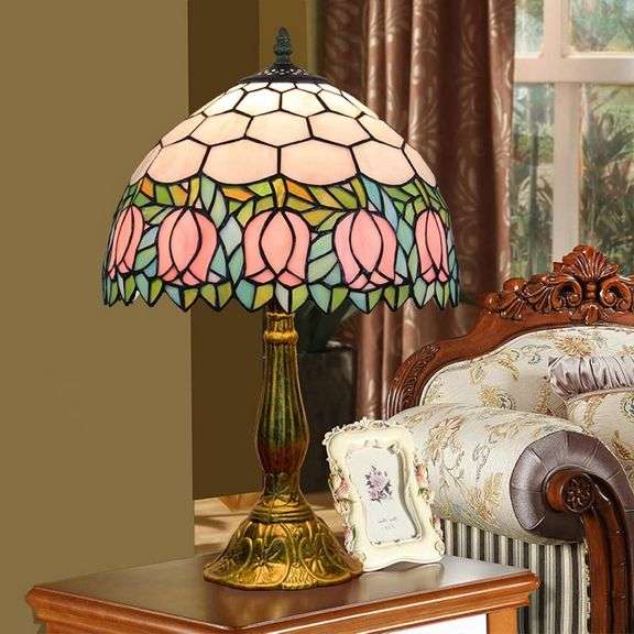 Pink Tulip Stained Glass Table Lamp