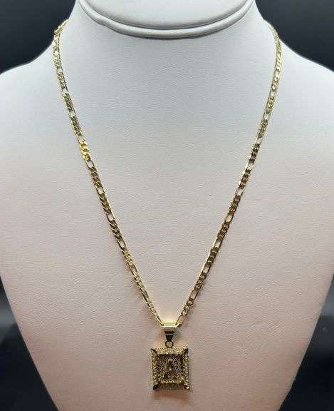 18 Kt Gold Plated Initial Letter "A" Diamond Cut Monogram Pendant Necklace w/Figaro Chain.