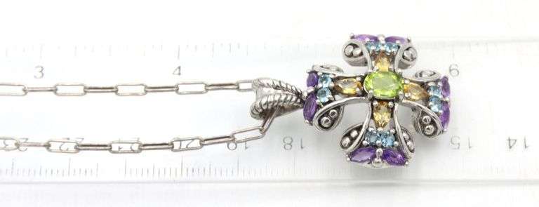 Vintage 925 sterling silver signed multi color gemstone cross pendant on chain