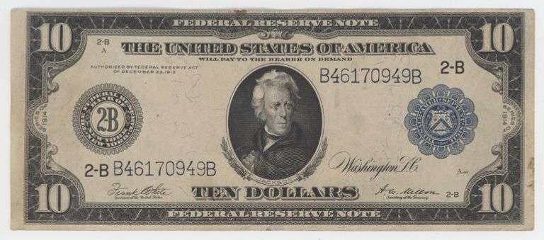 Pleasing 1914 Series Large Size $10 Federal Reserve Note (2-B)