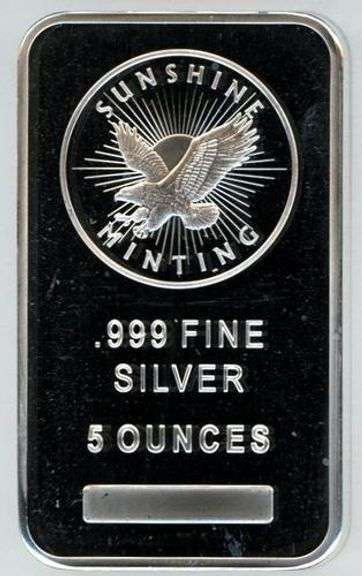 Prooflike Sunshine Mint  5 Troy oz pure .999 Silver Bar in plastic
