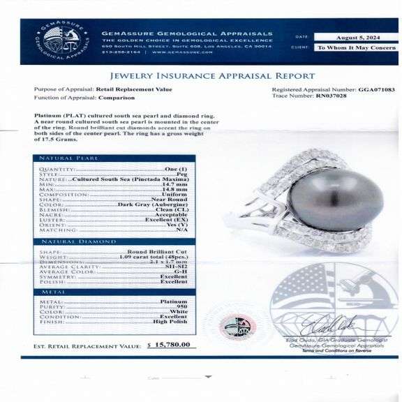PLATINUM SOUTH SEA CULTURED PEARL AND DIAMOND RING 14MM