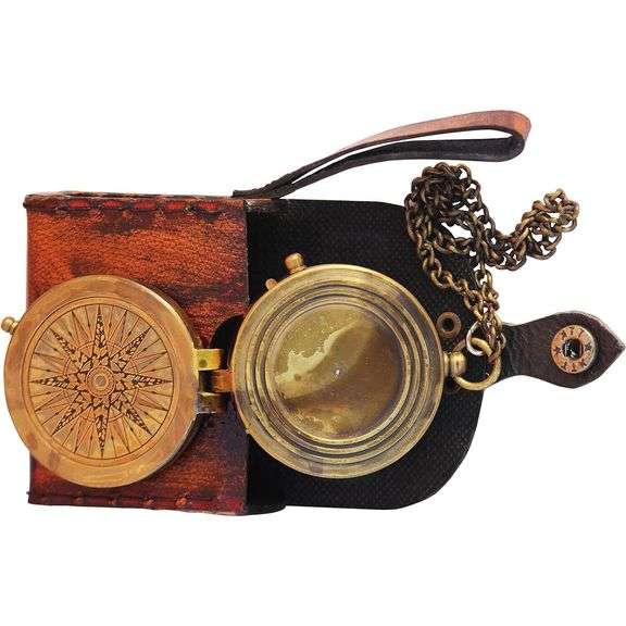 Brass Compass Navigation Tool with Leather Case