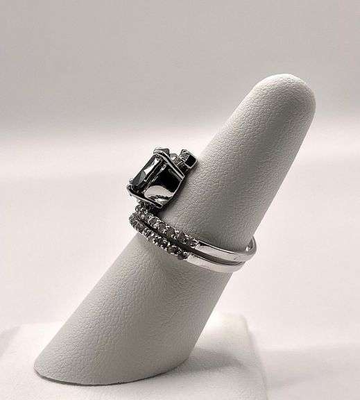14 Kt White Gold Plate 6.5 Ct Silky Black Moissanite & 30 Count Natural Diamond Bridal Set Ring