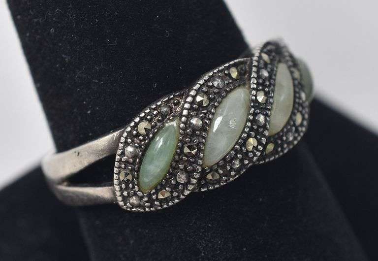 Jade and Marcasite Gemstone Ring in Sterling Silver