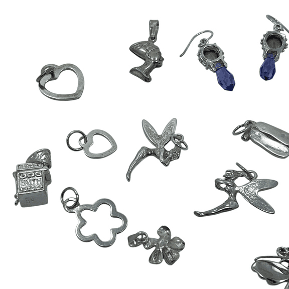 Sterling Silver Jewelry Lot: Charms, Amethyst & Pink Mother of Pearl Earrings